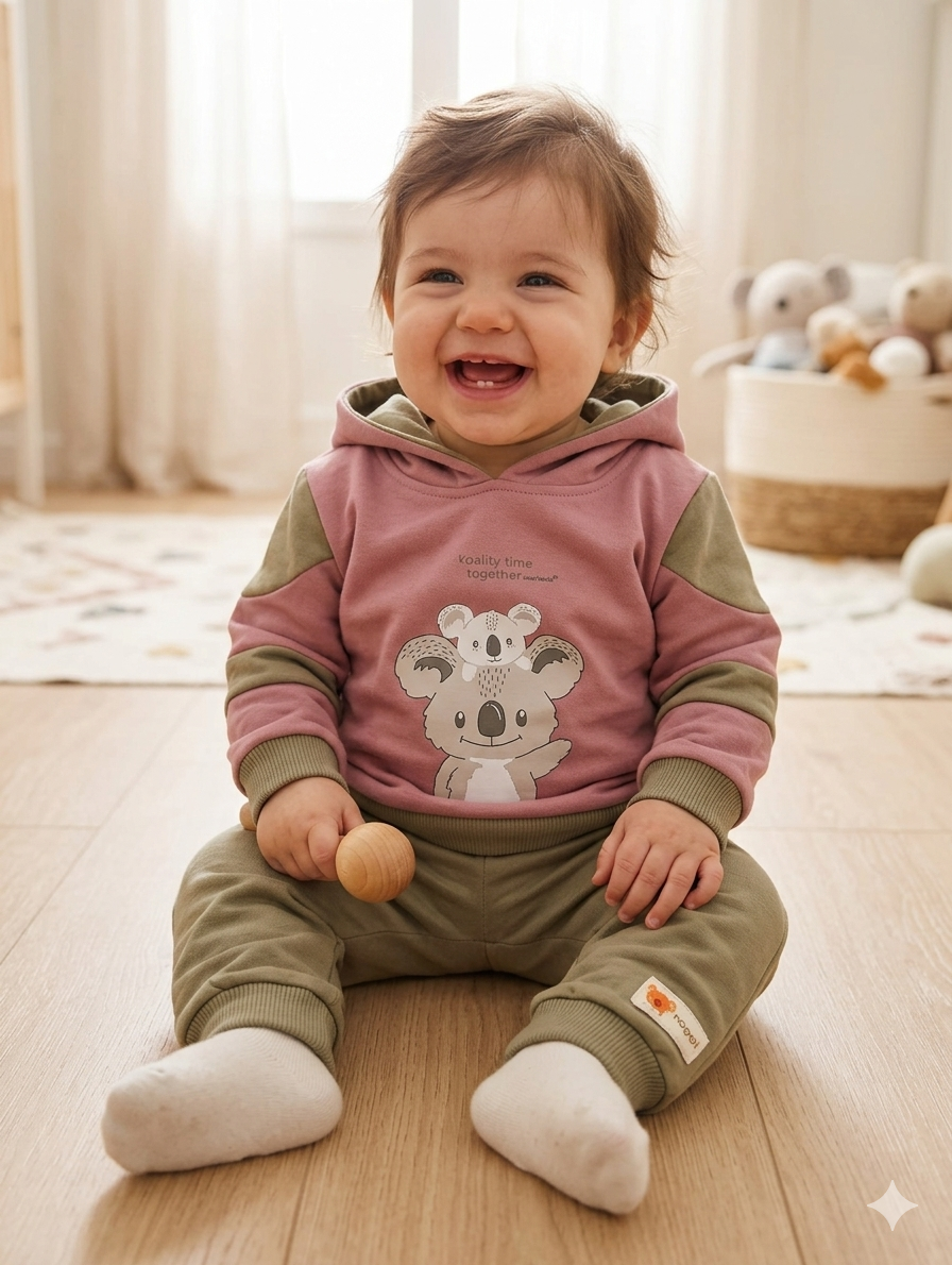Bebé sorridente sentado no chão de madeira vestindo hoodie rosa com capuz e calças verdes, segurando brinquedo de madeira.