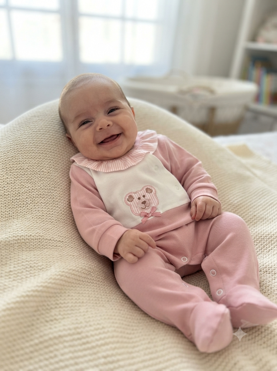 Bebé sorridente de macacão rosa e branco com ursinho bordado na parte frontal, deitado sobre manta bege tricotada.