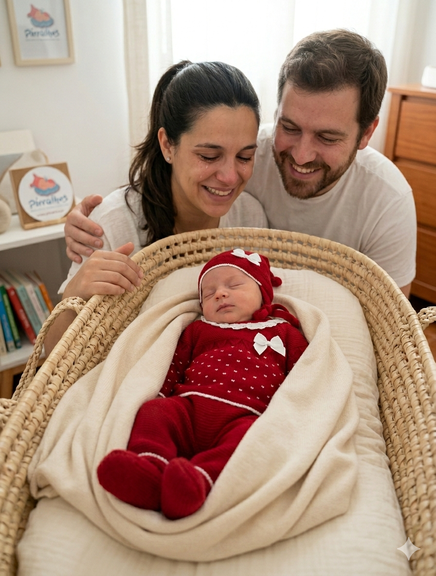 Bebé em berço de vime com roupa vermelha e manta creme, casal sorridente ao fundo