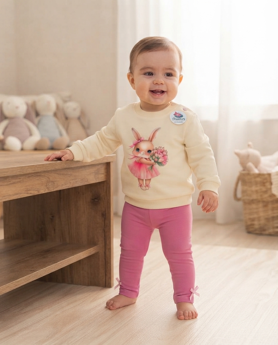 Bebé com camisola creme e estampado de coelho e leggings rosa de pé em ambiente interior