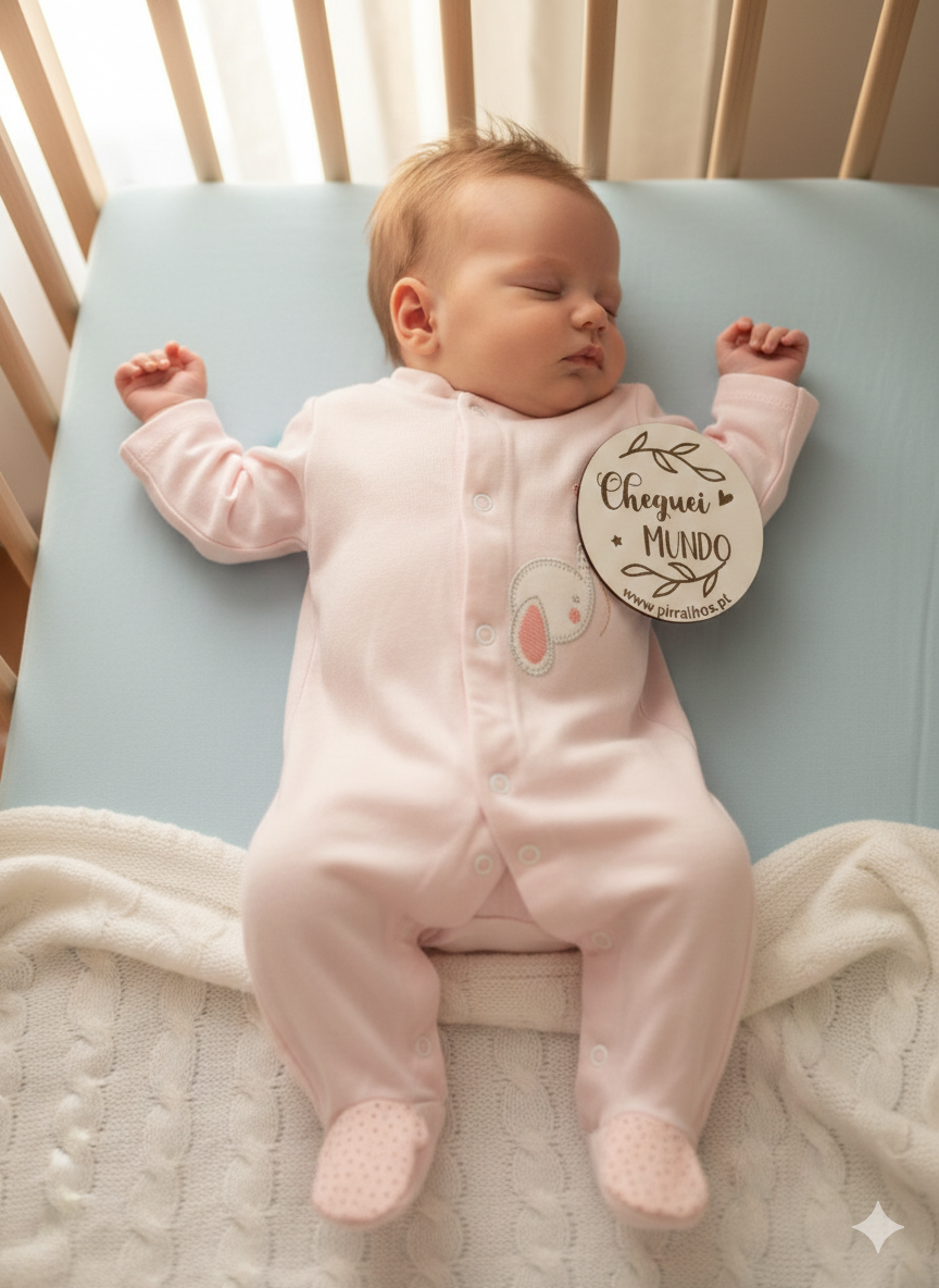 Bebé a dormir de macacão rosa num berço com placa circular