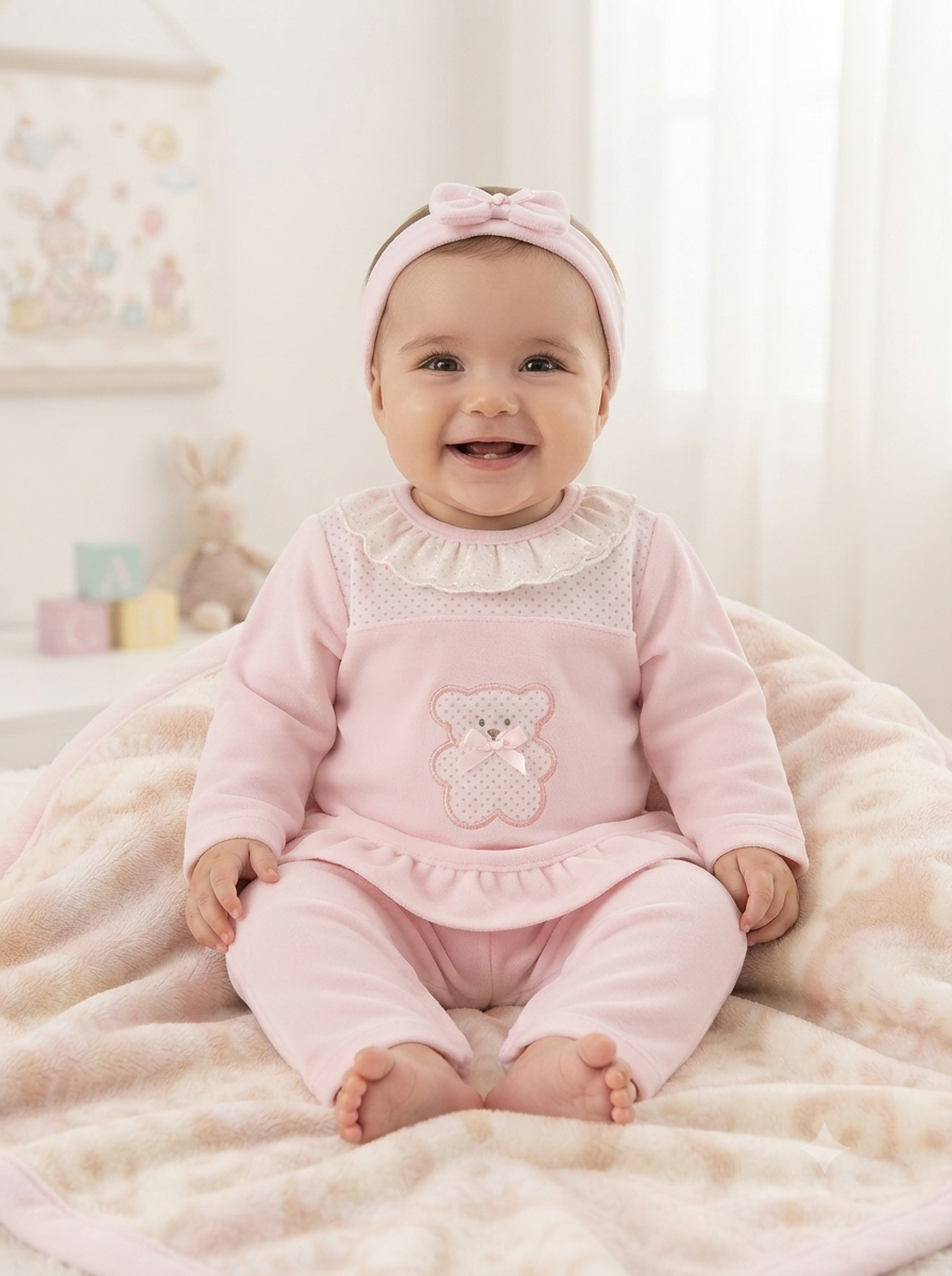 Bebé sorridente com roupa rosa com ursinho bordado sentado em manta creme e rosa.