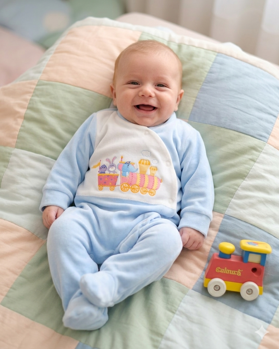 Bebé em fato azul claro com estampa de comboio sobre cobertor pastel e brinquedo comboio colorido.