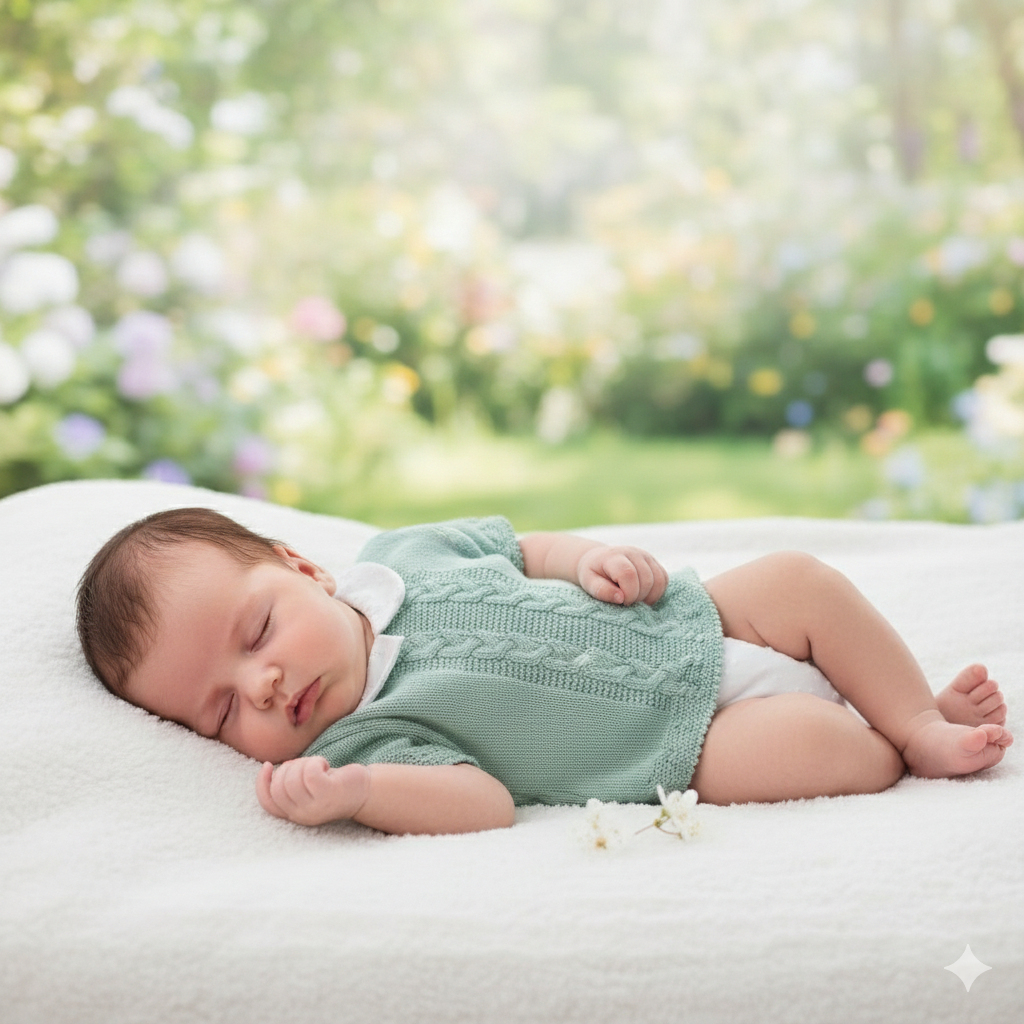 Bebé a dormir com camisola verde e gola branca sobre tecido branco, jardim ao fundo.