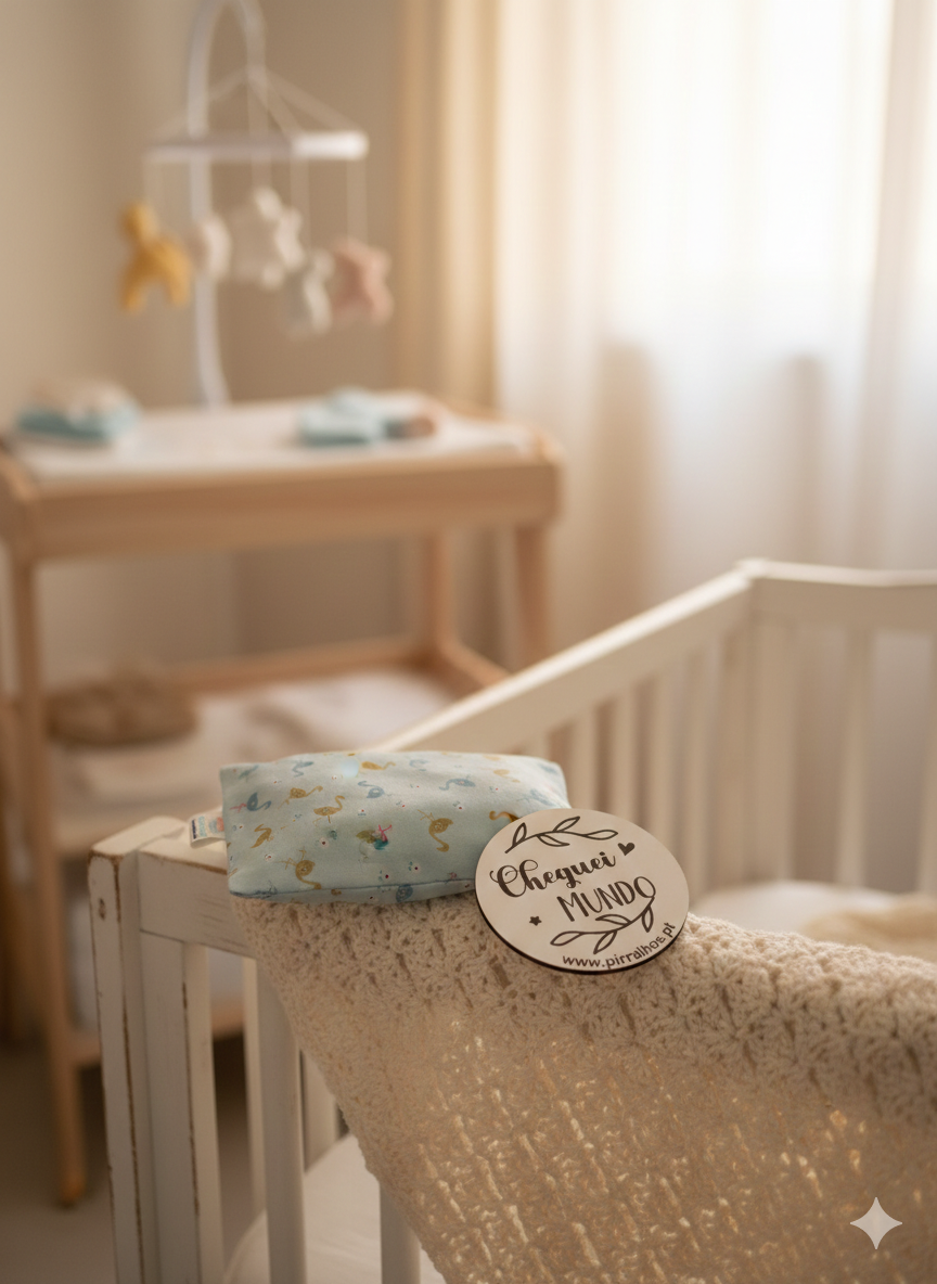 Manta bege de tricot na cama de bebé com almofada azul clara e placa com texto
