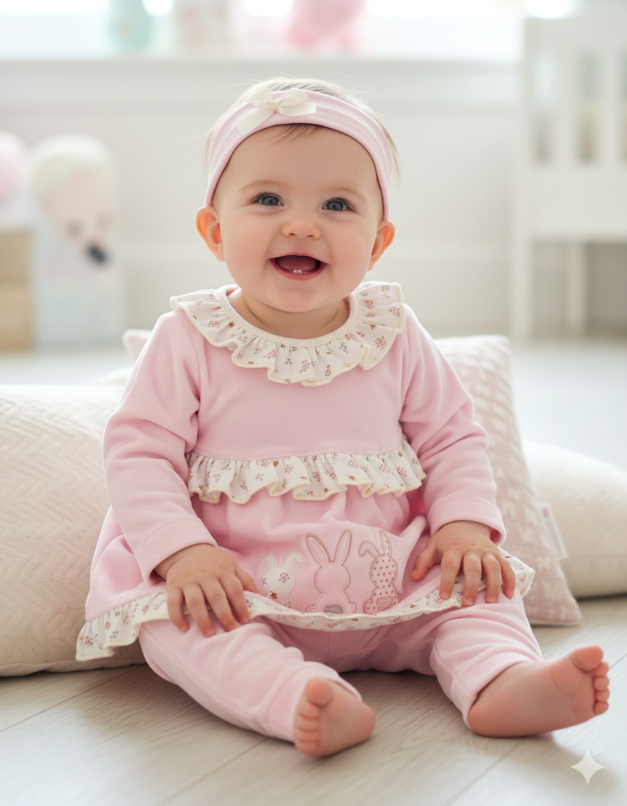 Bebé sorridente com roupa cor-de-rosa e faixa de cabeça
