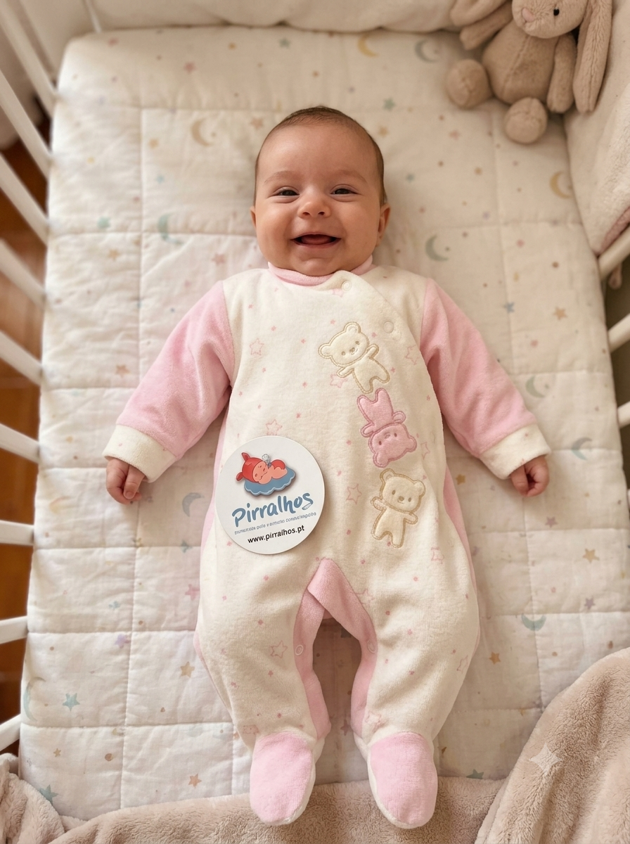 Bebé sorridente de pijama rosa e branco com ursos, deitado em berço acolchoado com padrão de estrelas e luas.