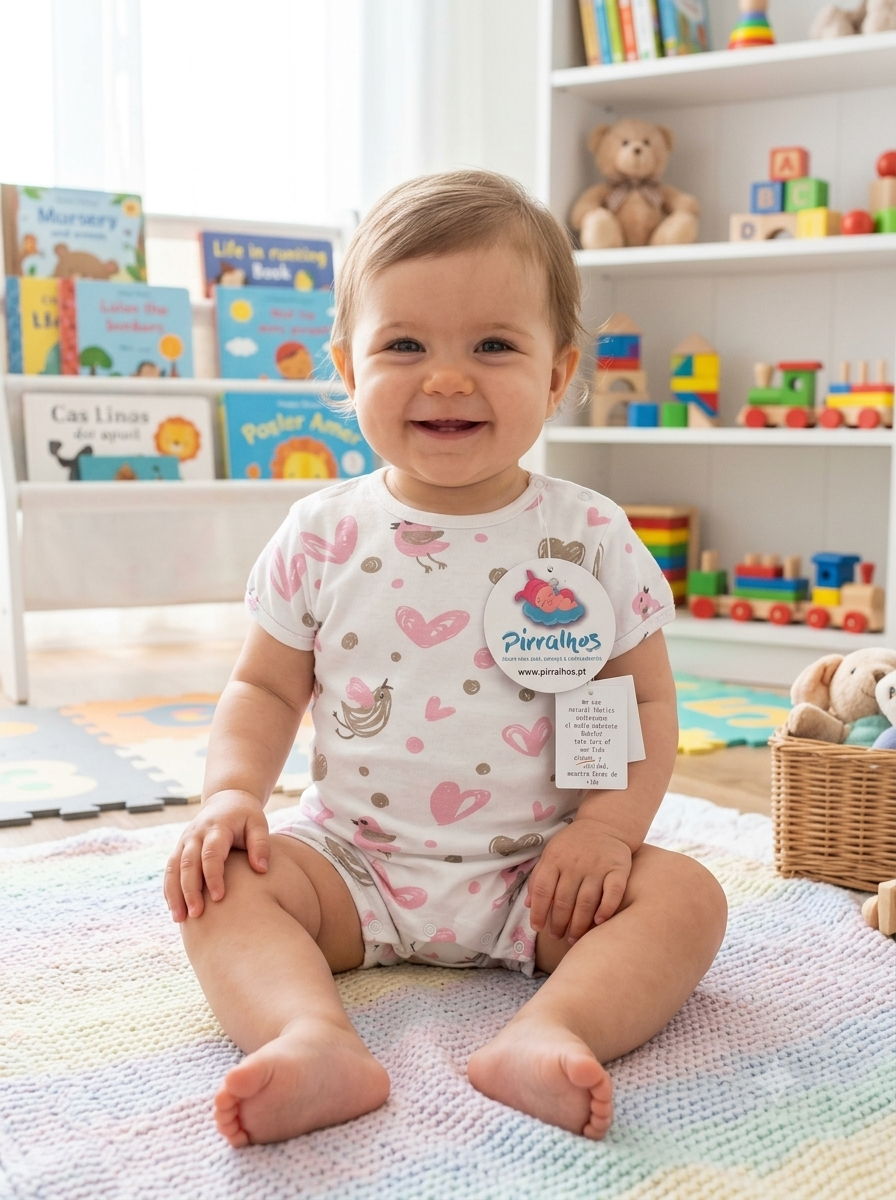 Bebé sorridente com body estampado sentado em tapete colorido com brinquedos e livros infantis ao fundo