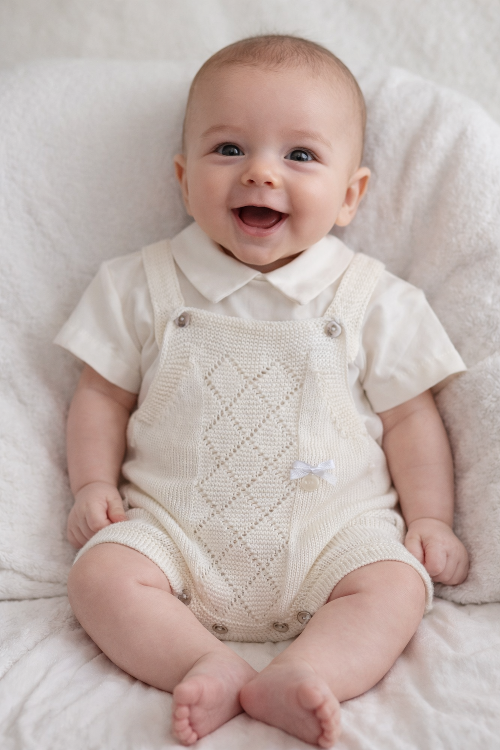 Bebé com camisa branca e jardineira de malha branca sentado sobre fundo branco macio