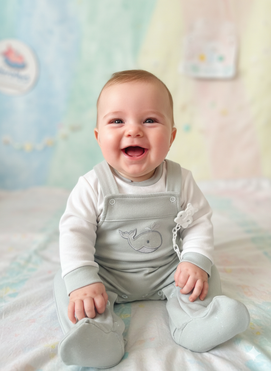 Bebé sorridente de fato verde-água com bordado de baleia e camisola branca sentado