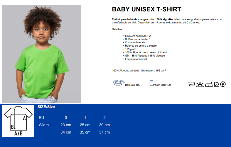 Camiseta verde unissexo para bebé com imagem de criança e tabela de tamanhos