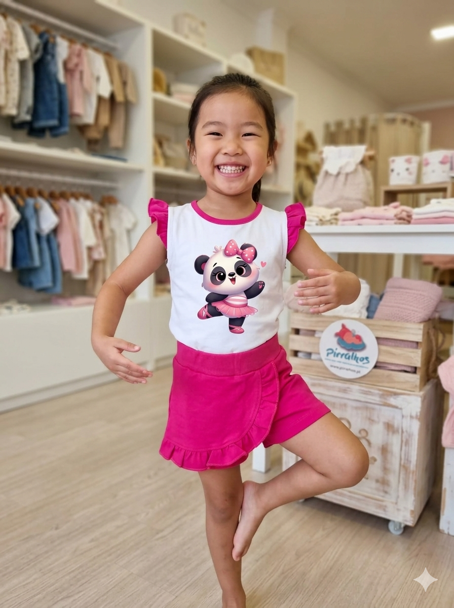 Menina em loja vestindo camisola branca com panda e saia cor-de-rosa.