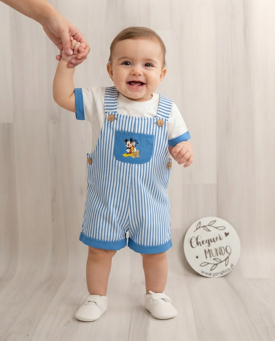 Bebé com macacão azul às riscas com bordado Mickey Mouse e camiseta branca
