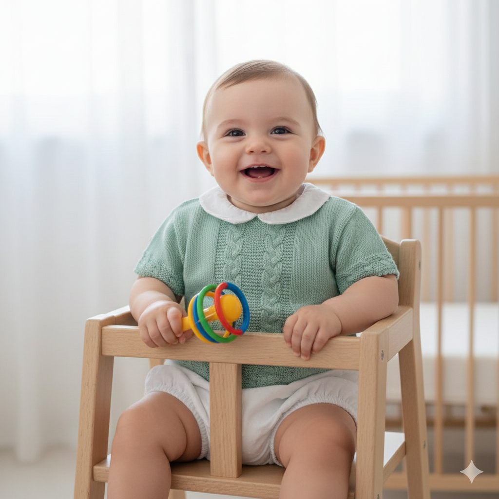 Bebé sorridente sentado numa cadeira de madeira com camisola verde de malha e brinquedo colorido