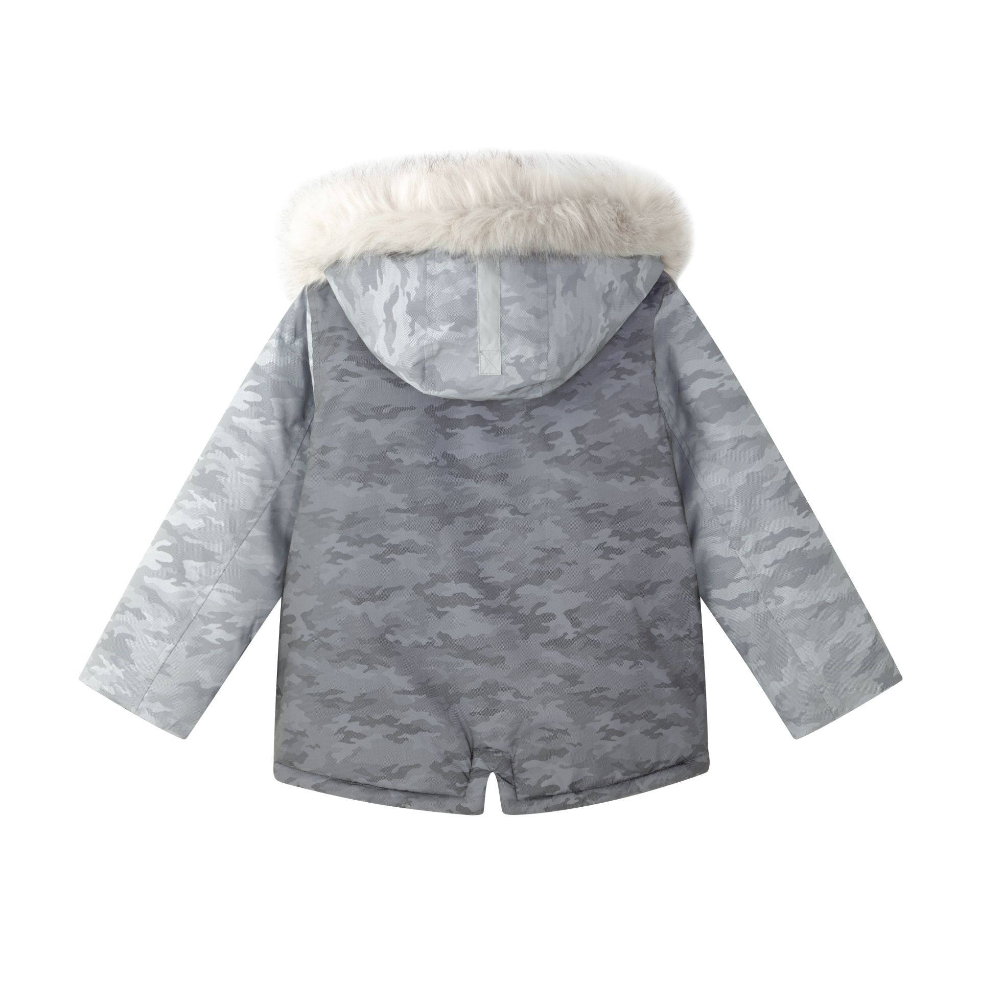 Casaco cinzento camuflado com capuz forrado em pele branca