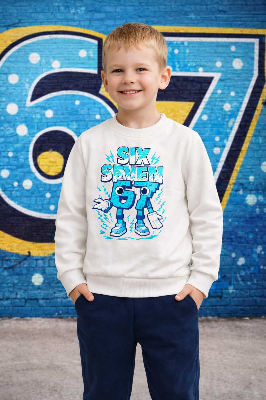 Menino com camisola branca estampada com os números 6 e 7 animados e texto SIX SEVEN em fundo de parede colorida com o número 67.