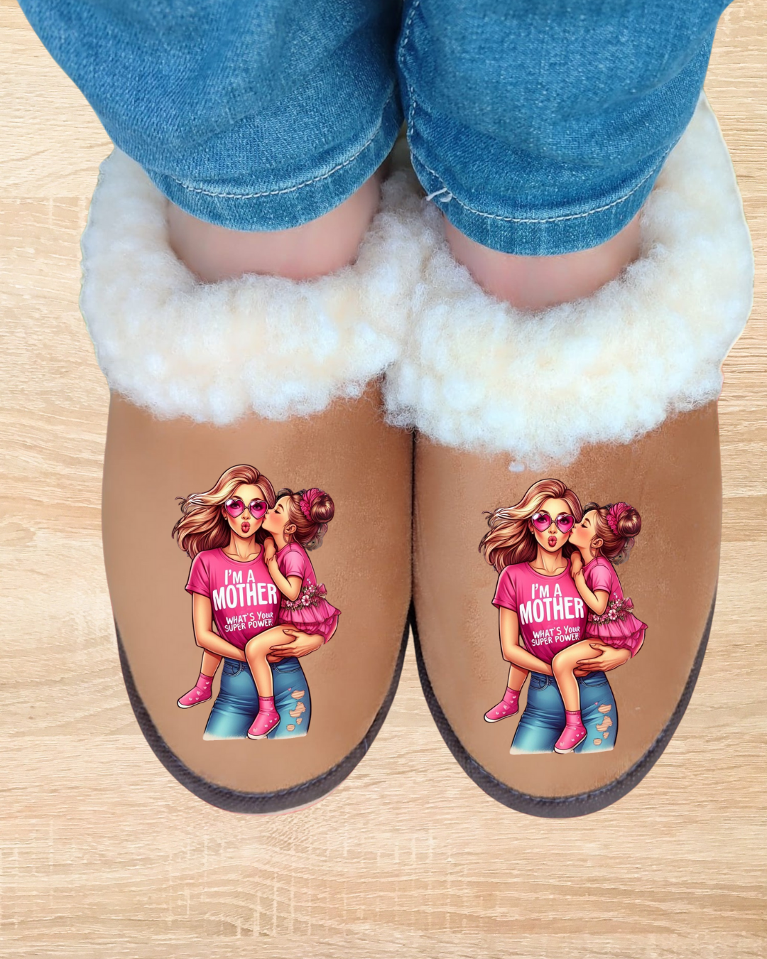 Pantufas castanhas felpudas com imagem de mãe e filha e texto em inglês.