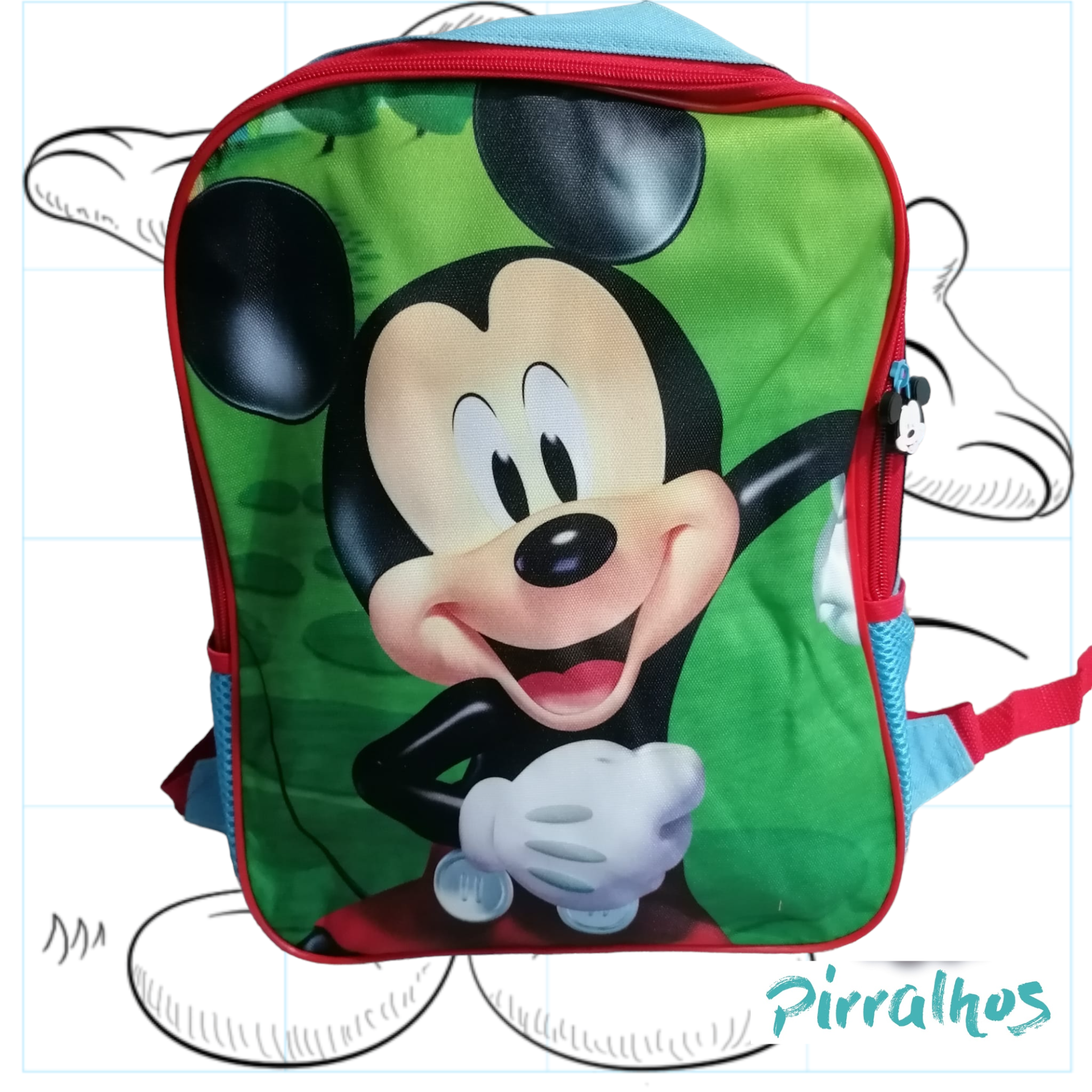 Mochila infantil Mickey Mouse verde, azul e vermelho com zíper e detalhe Mickey
