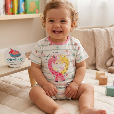 Bebé sorridente de body estampado a sentar-se em tapete acolchoado em quarto luminoso