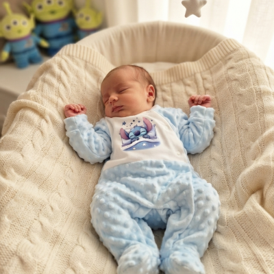 Bebé a dormir com roupa azul clara e estampa do Stitch em almofada tricotada branca sob mó de estrelas.