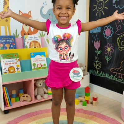 Garota sorridente vestindo vestido infantil branco e rosa com desenho colorido, shorts rosas, ténis dourados, em quarto infantil com livros e quadro negro.