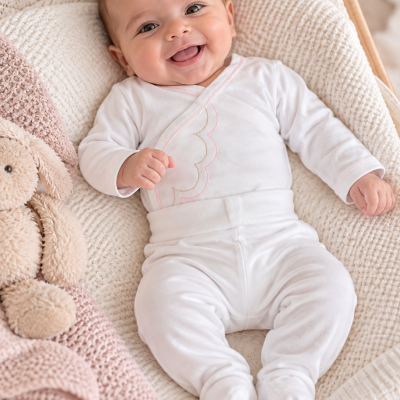 Bebé sorridente vestido com roupa branca de algodão deitada numa almofada bege com manta rosa e brinquedo coelho.