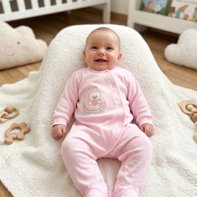 Bebé com pijama rosa sentado em suporte branco em quarto de bebé com brinquedos de madeira.