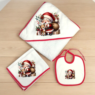 Conjunto de toalha, fralda e babete com estampado natalício de Pai Natal e rena