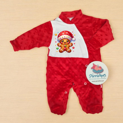 Macacão bebé vermelho e branco com estampa natalícia e etiqueta Pirralhos