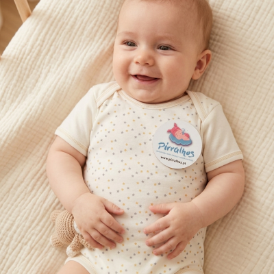 Bebé a usar body branco com estrelas e etiqueta Pirralhos deitado numa manta creme a segurar boneco de malha