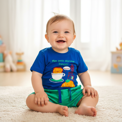 Bebé a sorrir sentado num tapete creme usando roupa azul e verde