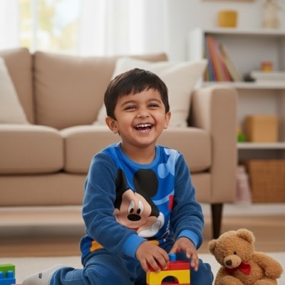 Criança a brincar com blocos de construção e urso de peluche no chão