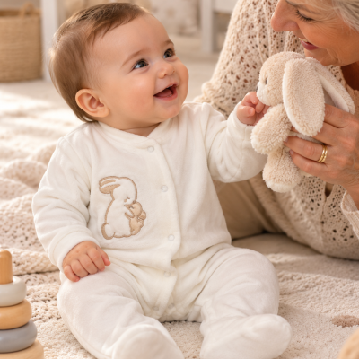 Bebé sentado com fato creme e peluche coelho