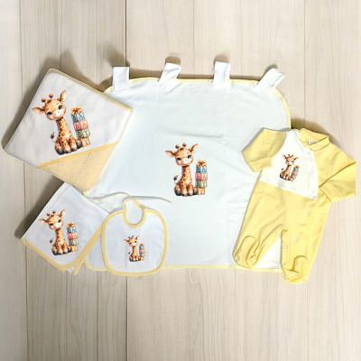Conjunto de bebé com ilustração de girafa e blocos coloridos