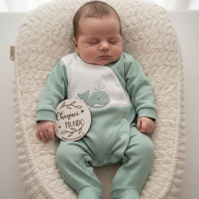 Bebé vestido de verde claro com estampa de baleia deitado em almofada creme texturada com placa Cheguei MUNDO.