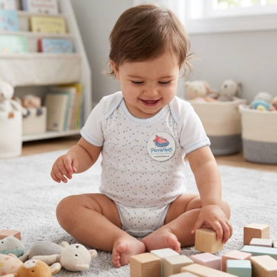 Bebé em body branco de estrelas azuis e cinzentas a brincar com blocos de madeira no chão