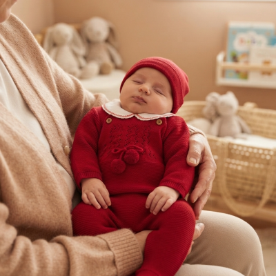 Bebé a dormir com roupa de malha vermelha sentado ao colo de uma pessoa com cardigan castanho claro