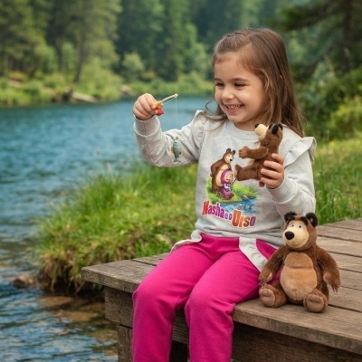 Criança num cais com roupa de personagem Masha e o Urso e brinquedos de peluche