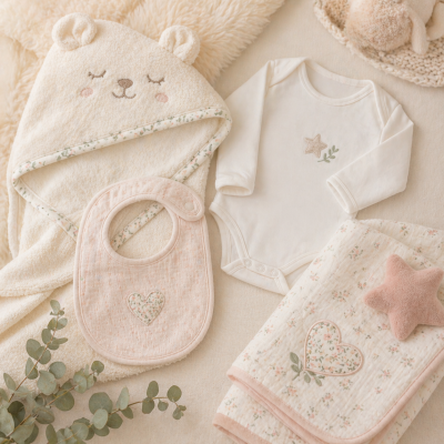 Conjunto de roupa de bebé com peça rosa e crua, incluindo body com estrela bordada, babete, toalha com capuz de urso e manta floral.