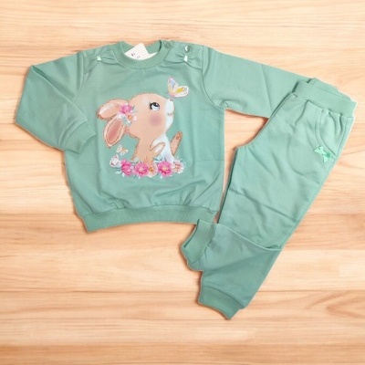 Conjunto infantil verde menta com estampa de coelho e borboleta sobre chão de madeira clara