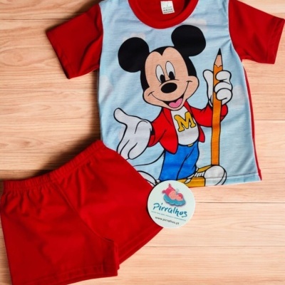Conjunto roupa infantil Mickey t-shirt e calções vermelhos