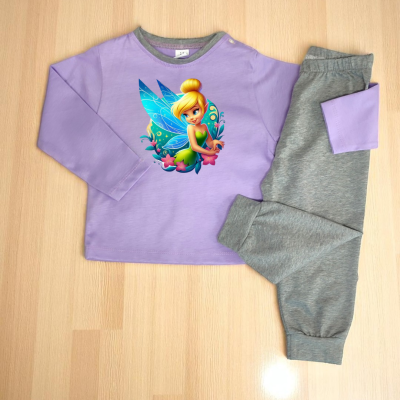 Pijama infantil lilás e cinzento com estampa de fada colorida