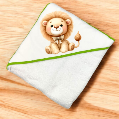 Toalha para bebé branca com bordas verdes e desenho de leão sorridente