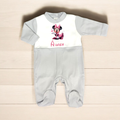 Babygrow cinzento claro e branco com imagem da Minnie sereia e texto ÁUREA