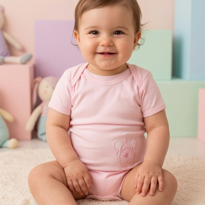 Bebé sorridente sentado no chão com body e sapatos rosa claro, rodeado de blocos coloridos e peluches.