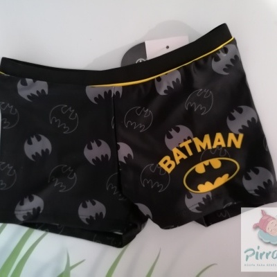 Calção de banho infantil estilo boxer preto com logótipo Batman em amarelo e cinzento