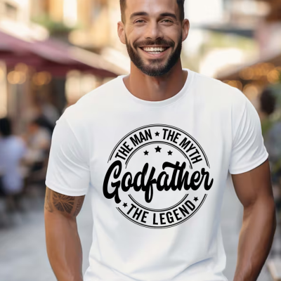 Homem sorridente com camiseta branca estampada com texto Godfather