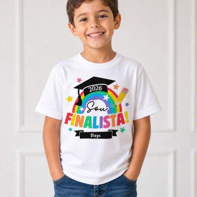Camisola branca com estampa colorida de arco-íris e texto finalista e nome Diego
