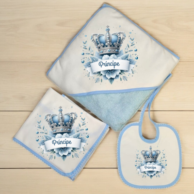 Conjunto de roupa de bebé com estampa de coroa azul e texto Príncipe