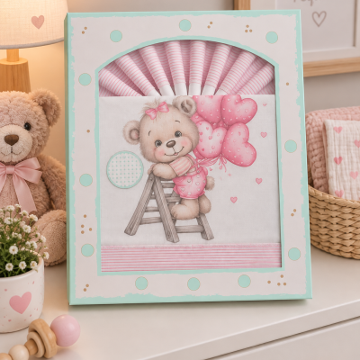 Conjunto de fraldas com tema ursinho e balões em embalagem decorativa